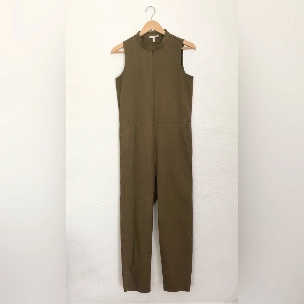 Eileen Fisher Cotton Hemp Stretch Zip Up Jumpsuit Olive Green XXS